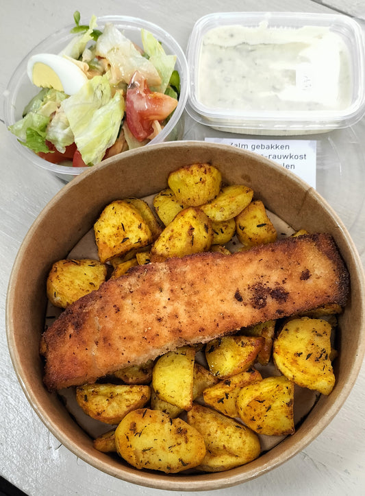 Zalm Gebakken, Ovenaardappeltjes, remoulade saus, rauwkost