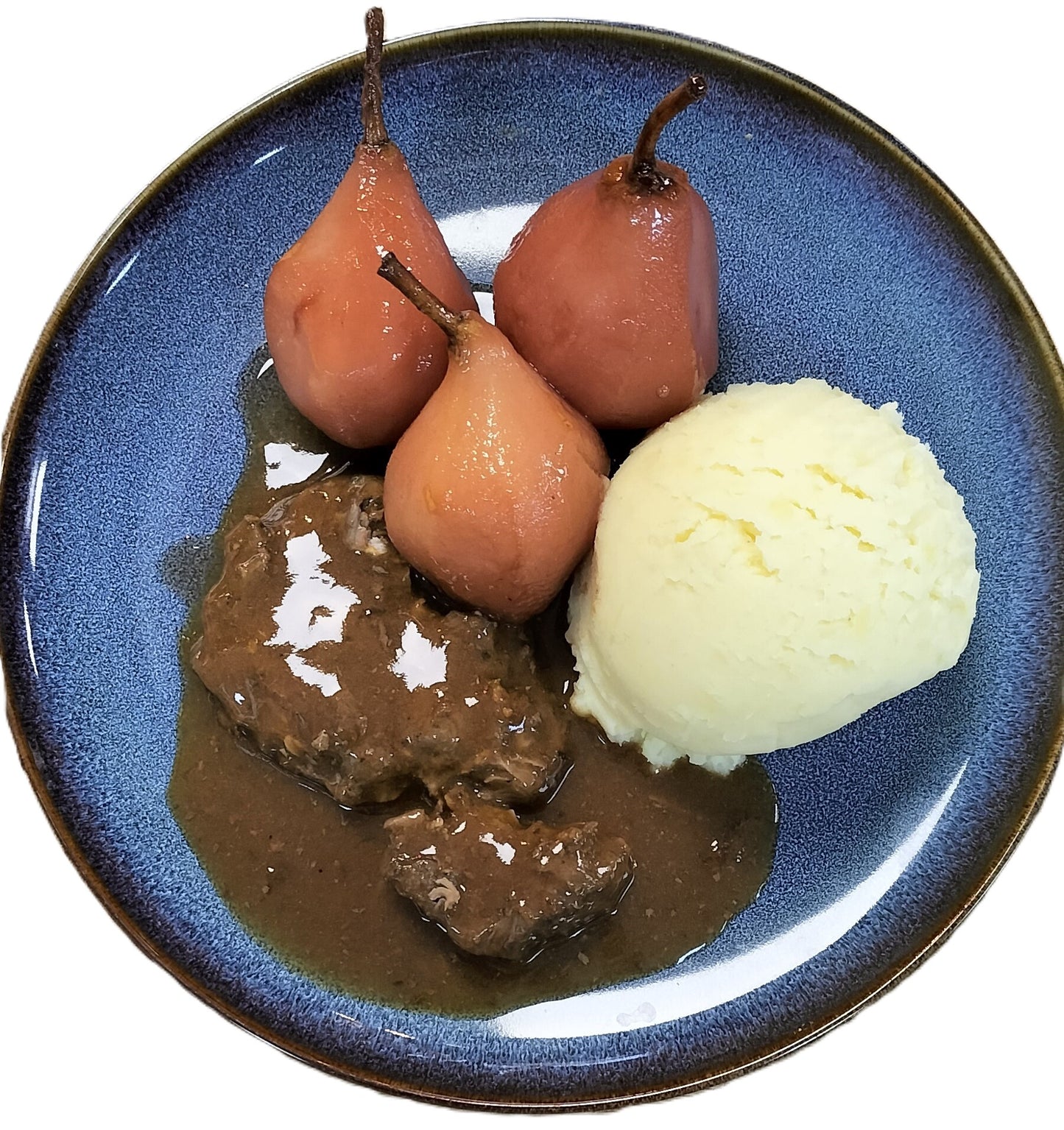 Runderlapje, bruine jus, stoofpeertjes, aardappel puree